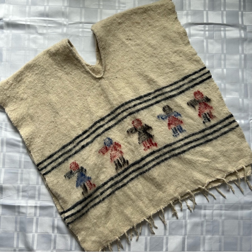 Guatemalan Beige Wool Blanket Poncho with Colorful Figures